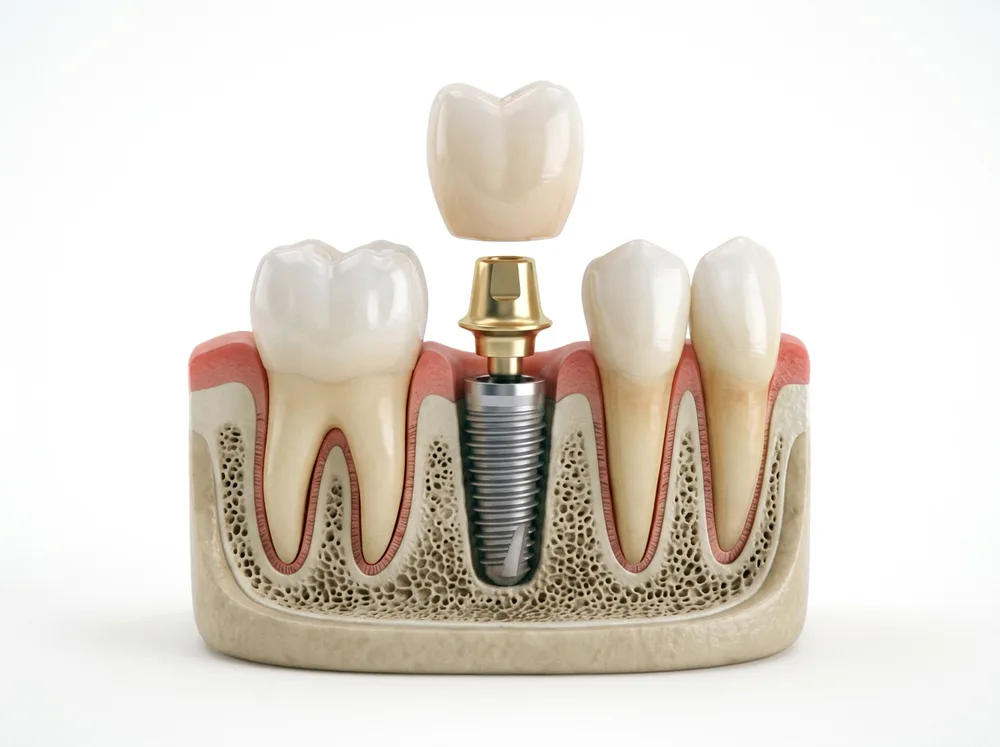 Ilustração de uma coroa dentária apoiada sobre um implante