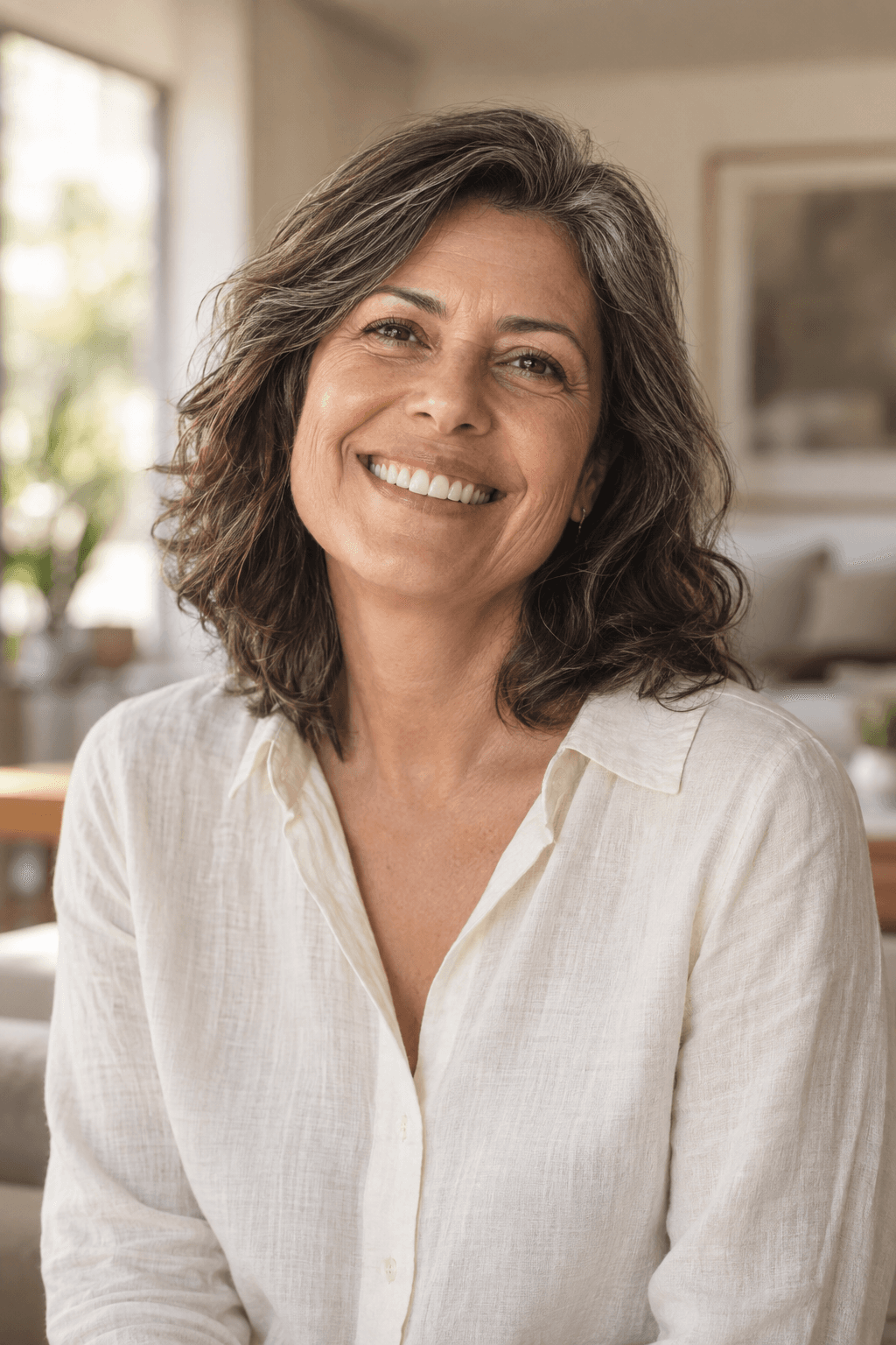 Imagem ilustrativa de uma mulher madura sorrindo em um ambiente acolhedor
